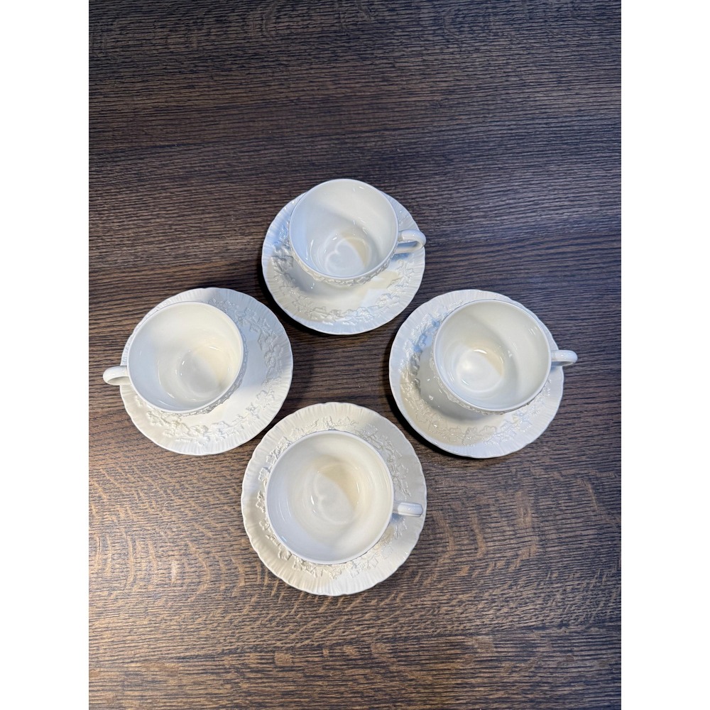 Vintage Wedgwood Embossed‎ Queens Ware Creamware Cups and Saucers, Set of 4 - Picture 3 of 16